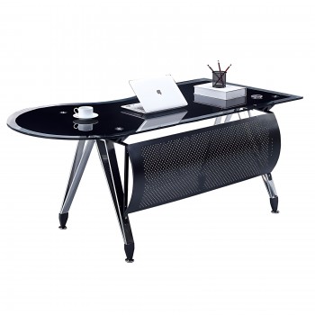 Mesa de oficina MAGNA, forma a derecha, vidrio templado negro, 180 x 85 cms