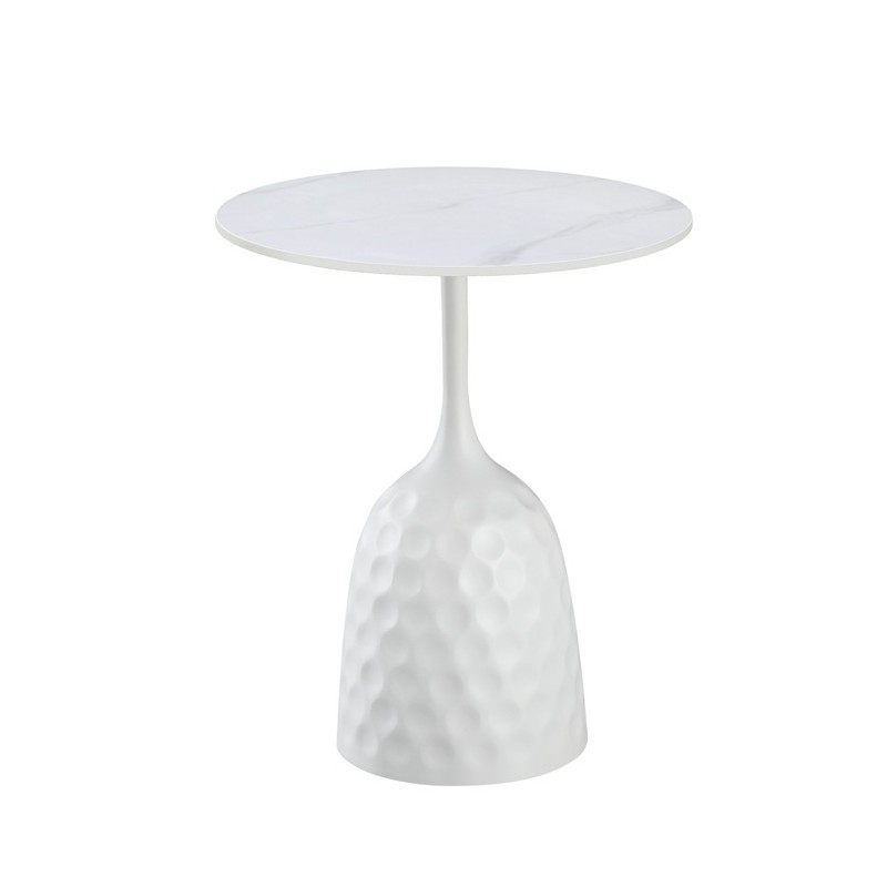 Mesa CAVEZZO, baja, blanca, tapa cerámica mármol blanco, 50 cms de diámetro