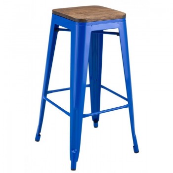 Taburete TOL EK WOOD, acero, azul, asiento madera