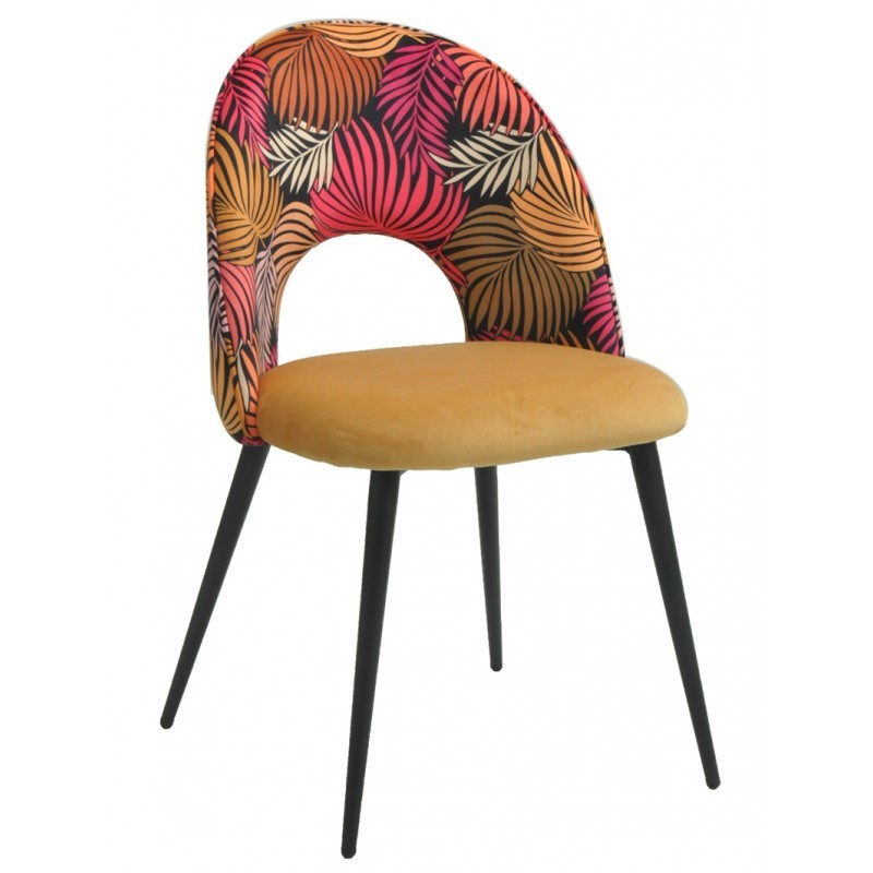 Silla ORQUIDEA, metal, tapizado velvet amarillo con respaldo floral a juego