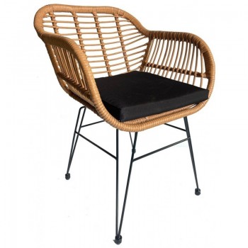 Sillón KUALA, metal, ratán beige, cojín negro
