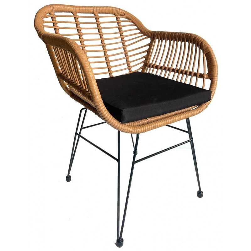 Sillón KUALA, metal, ratán beige, cojín negro