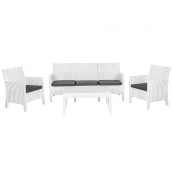 Set ADRIÁTICO, 2 Sillones + Sofá 3 plazas + mesa, polipropileno blanco, cojines incluidos