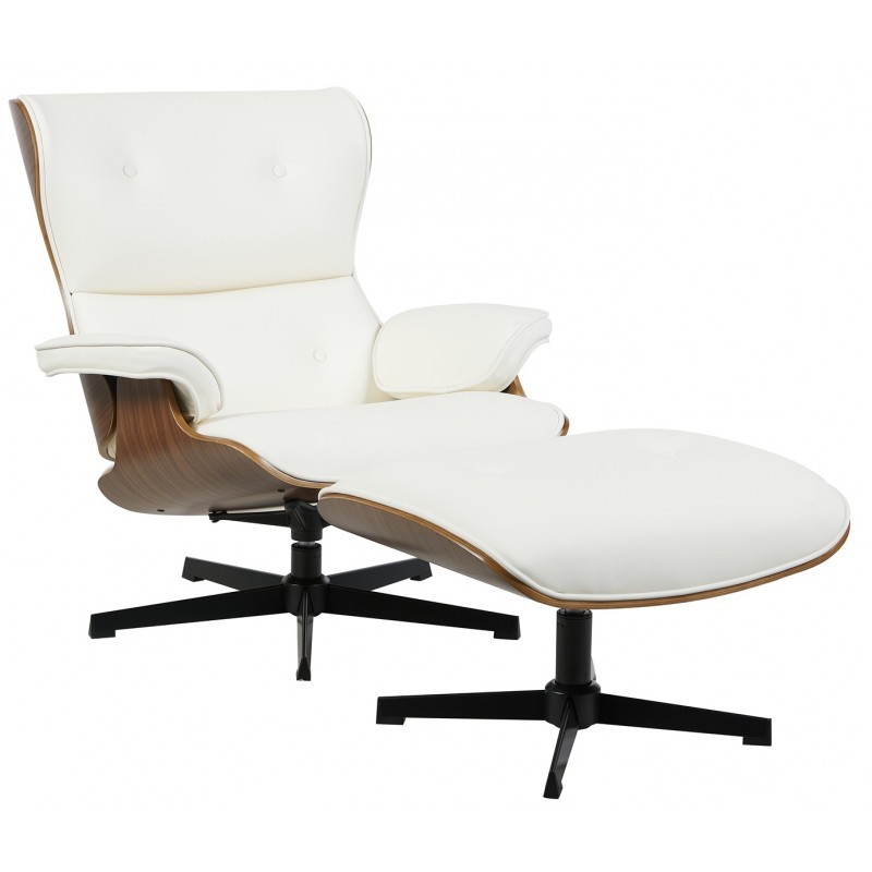 Butaca con ottoman AMERICA, madera, metal, similpiel blanca