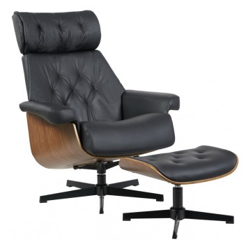 Butaca con ottoman EUROPA, madera, metal, similpiel negra
