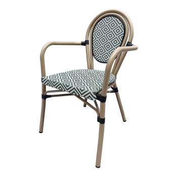 Sillón TARAMAY, apilable, aluminio, mesh crema y verde