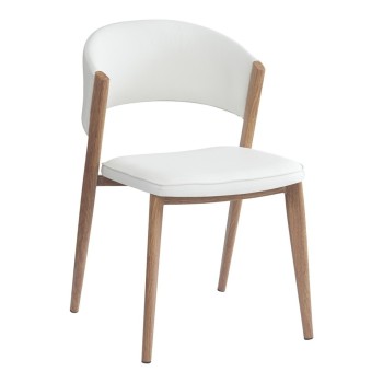 Silla CALABRIA, metal acabado de color madera, similpiel blanca