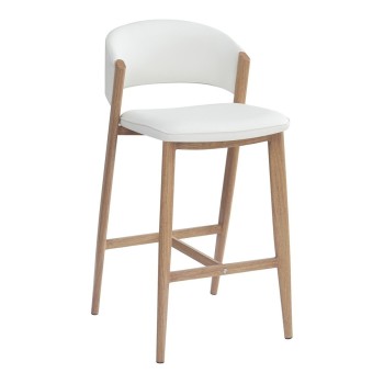 Taburete CALABRIA, metal acabado de color madera, similpiel blanca
