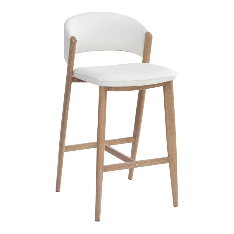 Taburete CALABRIA, metal acabado de color madera, similpiel blanca