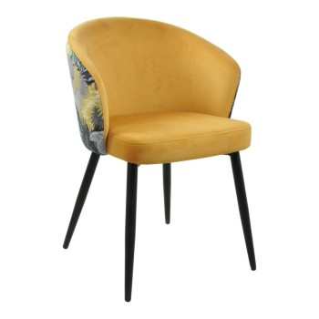 Silla LYDIA, metal, tapizado velvet amarillo con respaldo floral a juego