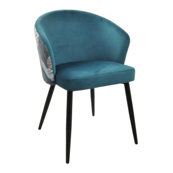 Silla LYDIA, metal, tapizado velvet azul con respaldo floral a juego