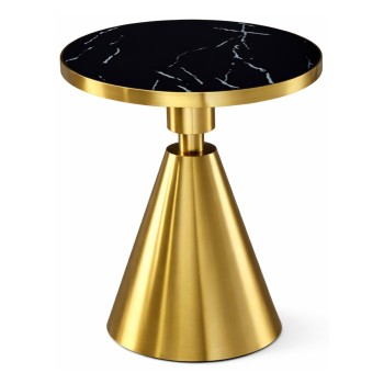 Mesa JASSY NE, baja, dorada, tapa cerámica mármol negro, 50 cms de diámetro