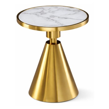 Mesa JASSY BL, baja, dorada, tapa cerámica mármol blanco, 50 cms de diámetro