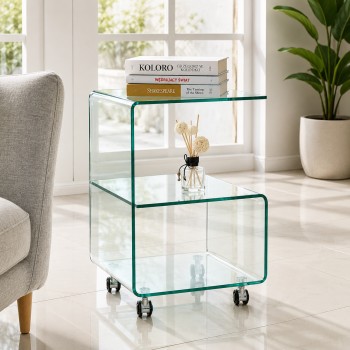 Mesa ABIGAIL, ruedas, cristal transparente, 40 x 40 cms