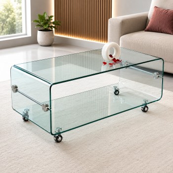 Mesa MELBOURNE, cristal curvado, ruedas, 120x60 cms