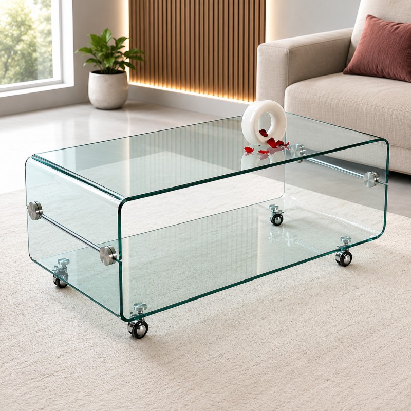 Mesa MELBOURNE, cristal curvado, ruedas, 120x60 cms