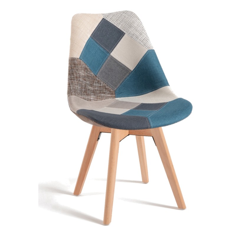 Silla Mona Patchwork Azul de tela (poliéster transpirable) - madera