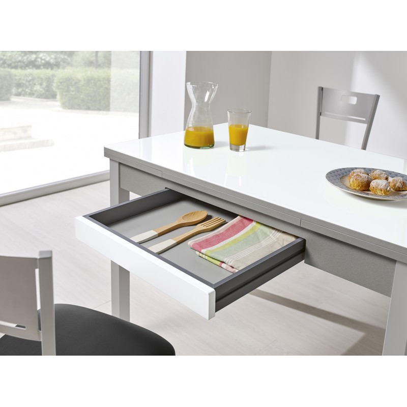 Mesa de cocina de cristal de 80x40 cm. extensible Tipo libro a 80x80 con  cajón.